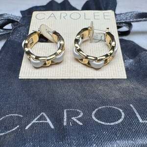 Antique Carolee Gold-Tone and White Enamel Chain Link Hoop Earrings